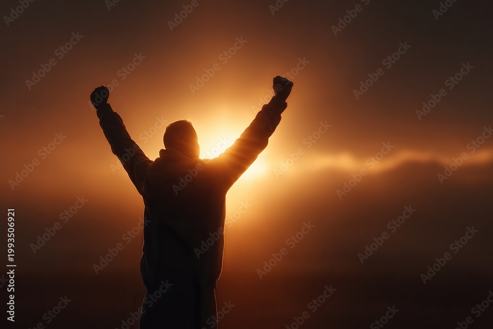 Fototapeta premium Man's Triumph Silhouette: A solitary figure, silhouetted against a radiant sunset, stands with arms raised high, embodying the spirit of triumph and perseverance.