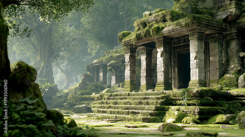 Overgrown ancient temple ruins in a deep tropical jungle, moss-covered stone pillars and architecture reclaiming by nature, mysterious archaeological discovery in the forest.