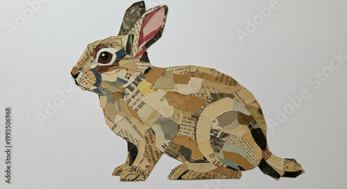 Cottontail Collage: A charming collage depicts a cottontail rabbit, meticulously crafted from layered paper fragments, bringing an artistic touch to the whimsical world of wildlife.