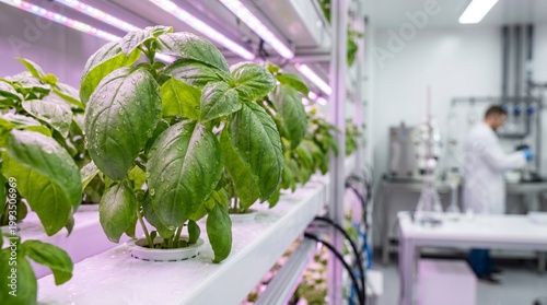 Fresh green basil growing in a vertical hydroponic farm with LED grow lights. Scientist working in a high-tech laboratory background. Sustainable urban agriculture and agritech innovation concept.