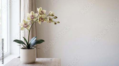Orchid flower in a pot on a wooden table by the window with minimalist decor