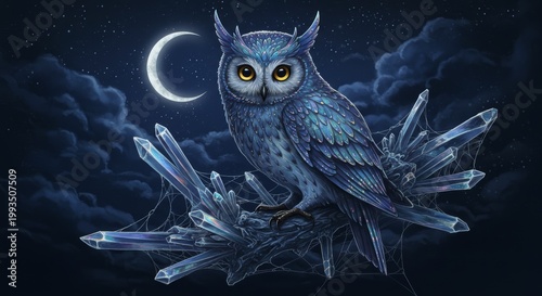 Wise Owl Amidst the Night: An owl, a symbol of wisdom and mystery, perched atop a cluster of crystals under the serene glow of the moon. This scene evokes a sense of enchantment and introspection.