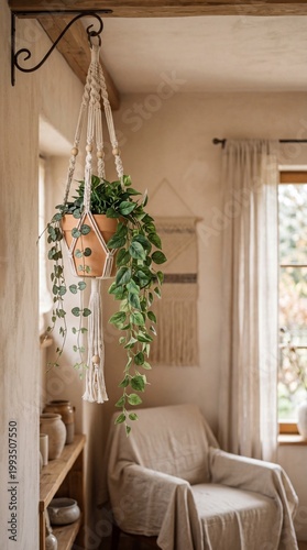 Hanging plant decor in a cozy home setting with a relaxing atmosphere