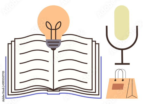 Creativity, education, media production, e-learning, innovation, online shopping. Open book with a lightbulb, microphone and shopping bag. Creativity and education rendered visually
