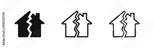Broken House Icon Set - Property Damage and Divorce Concept Symbols