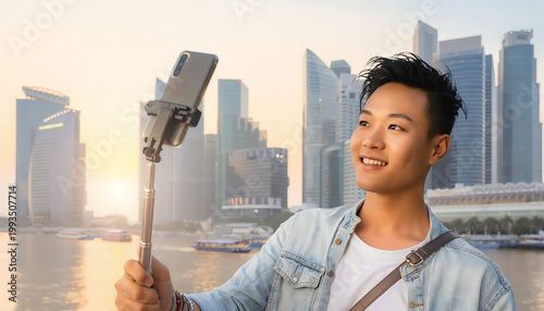 A young man takes a selfie with a smartphone on a selfie stick, smiling against a modern city skyline at sunset by the waterfront.