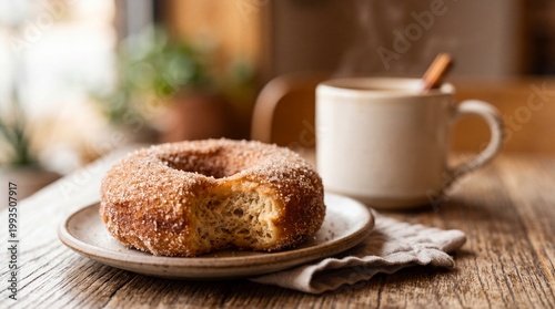 Fresh donut with coffee in cozy cafe setting
