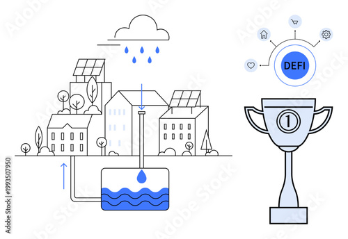Renewable energy concept with solar panels powering a community under sustainable systems. Renewable energy links with a decentralized finance system for innovation. For environmental, technology