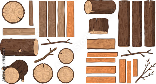 Wood Log and Plank Set with Tree Trunks Branches and Timber Vector Illustration