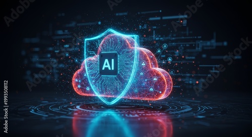 Cloud-Based Artificial Intelligence Security: A digital illustration depicts a protective shield encompassing a cloud and AI, symbolizing the secure safeguarding of data within cloud computing.