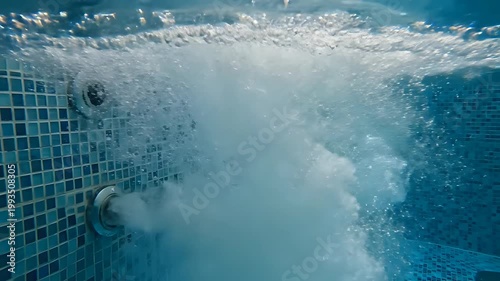 Underwater view of bubbling water jets in a tiled swimming pool.