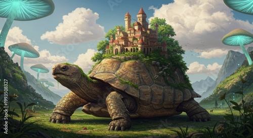 Fantasy Turtle Fortress: A whimsical scene unfolds where a colossal turtle carries a majestic fortress upon its shell, traversing through a surreal landscape of vibrant flora and colossal mushrooms.