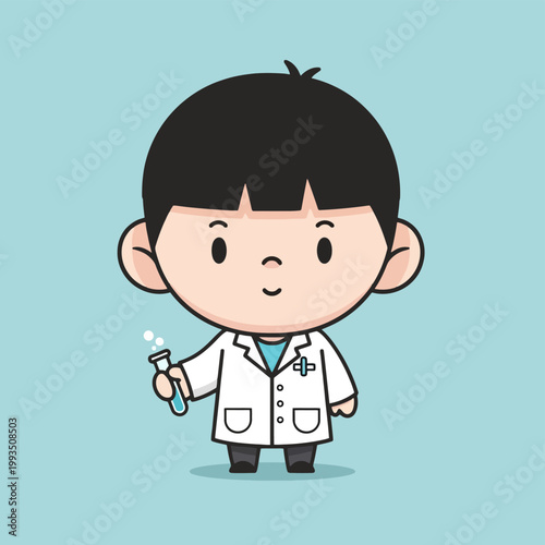 Cute Cartoon Boy Scientist Holding Test Tube.