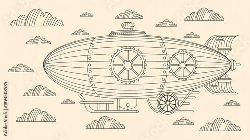 Vintage steampunk airship flying through clouds with gears and propellers