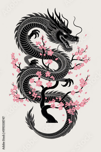 Black dragon wrapped around a cherry blossom tree on beige background
