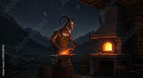 Mystical Blacksmith at Night: A mythical blacksmith, half-goat and half-human, meticulously works at his forge under the night sky, his focused effort illuminated by the warm glow of the furnace.