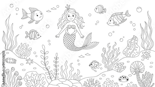 Mermaid swimming with fish and seaweed isolated on white background