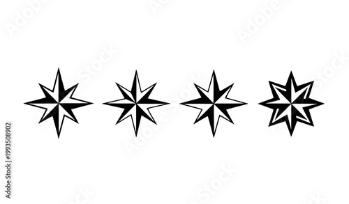 Compass star silhouettes set with four navigation symbols aligned in a row isolated on white background vector