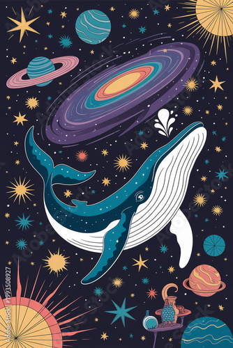 Whale swimming through a vibrant galaxy with stars and planets