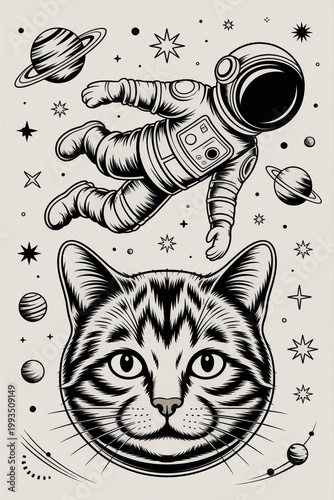 Black and white illustration of a cat and astronaut in space with planets