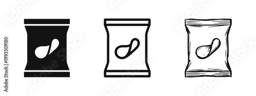 Foto Potato chips snack bag icon set, three styles of salty food packaging symbols fo