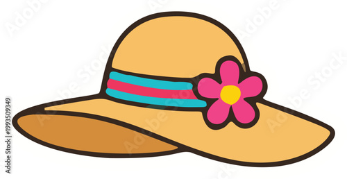 Cartoon sun hat with flower and ribbon isolated on white background