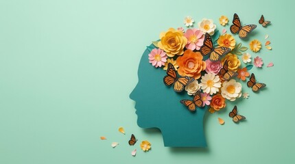 Mental health day concept featuring a floral human head silhouette with butterflies and copy space on mint green.