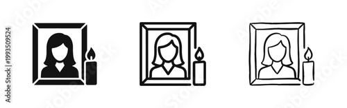 Memorial portrait and candle icon set, three styles of mourning and funeral symbols for remembrance of a woman