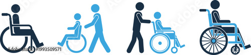 Disabled People in Wheelchair Icon Set for Accessibility Symbols, Patient Care Assistance, Medical Healthcare Services, Inclusion Standards, and Hospital Transportation Signage Graphic Illustrations
