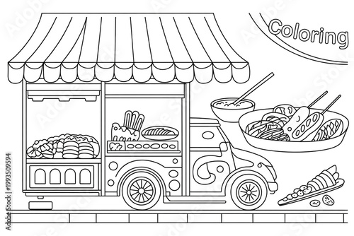 Colorful illustration of a food truck with various bread and noodles