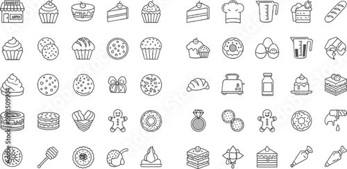Bakery Dessert Outline Icon Set with Cakes Cookies Cupcakes Bread and Pastry Illustrations for Cafe Menu, Cooking Apps, Food Packaging, and UI Design