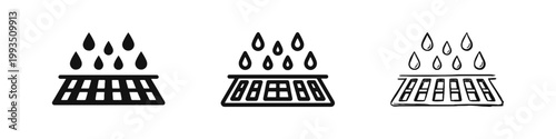 Water filtration and drain icon set, three styles of purification and liquid drainage symbols for hygiene
