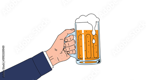 Person wearing a blue suit sleeve holds a large glass mug filled with foamy beer and visible bubbles against a white background.