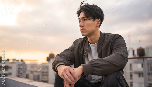 A young man in a dark jacket sits on a rooftop at sunset, gazing thoughtfully into the distance with city buildings blurred in the background.