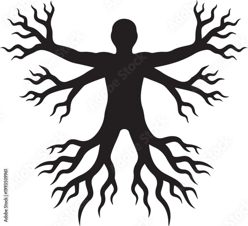 Human figure with branching roots as limbs on a transparent background