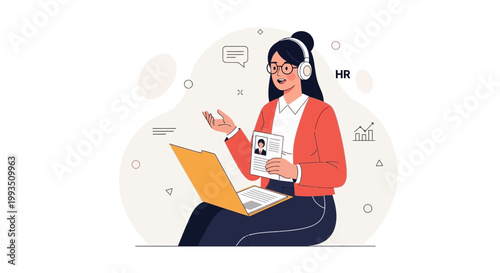 HR professional conducting online interview with candidate via laptop and headphones