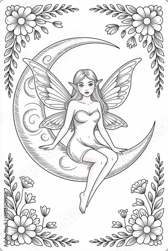 Fairy sitting on a crescent moon isolated on white background with flowers