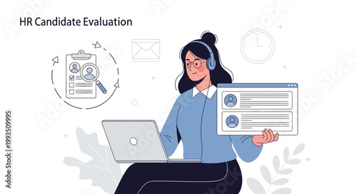 HR Candidate Evaluation: Woman Analyzing Resumes on Laptop with Analytics