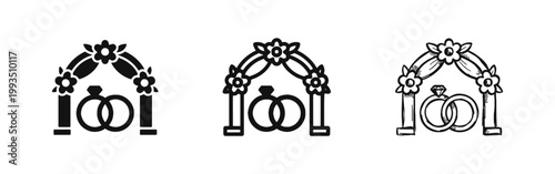 Wedding arch with rings icon set, three styles of marriage and romance symbols for celebration and love