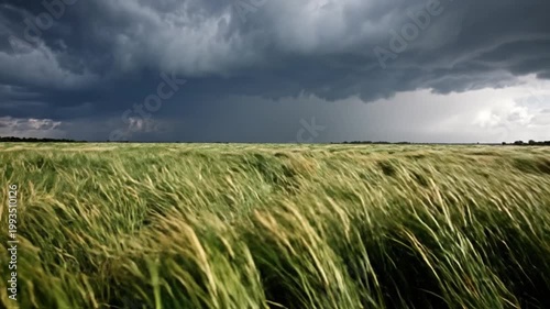 Dramatic storm clouds gather over a windswept field of tall grass under a darkening sky, evoking a sense of impending weather change and natural power