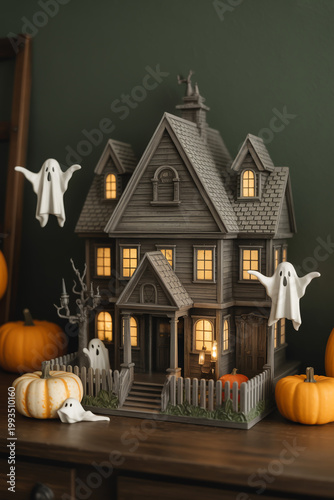 A spooky haunted house with ghosts and pumpkins on a wooden table