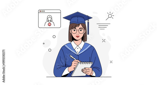Graduation student online learning, graduation cap, diploma, notebook, remote education concept