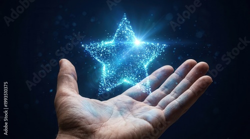 A sparkling blue light star hovering over an open palm as a rating and quality symbol.