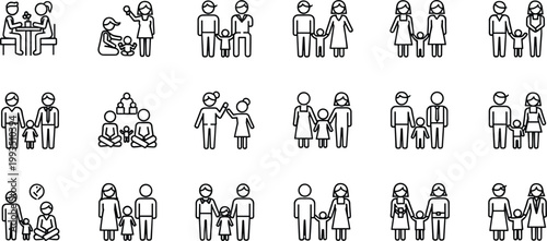 Family and parenting line icon set featuring parents children relationships care activities and household life outline vector illustration