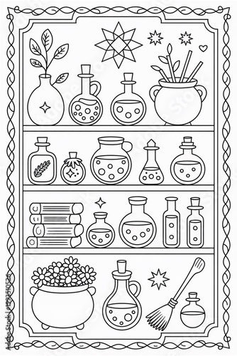 A magical shelf with various potions and bottles on a white background