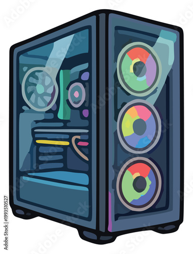 Modern desktop computer with illuminated fans and transparent side panel