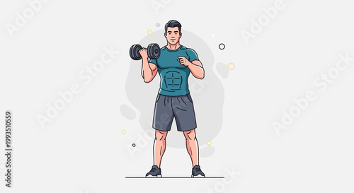 Fit Man Lifting Dumbbell, Muscular Bodybuilder Training, Fitness Workout Illustration