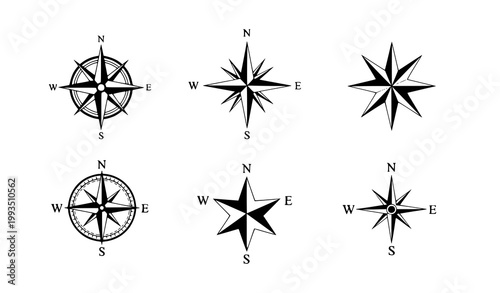 Compass star icon collection with wind rose and navigation symbols in grid layout vector