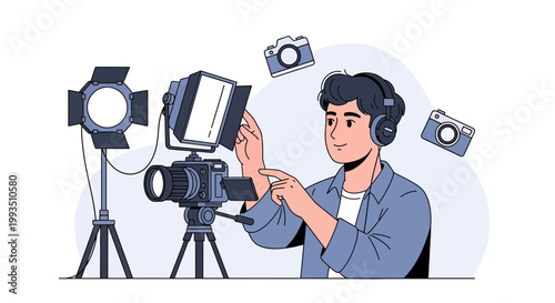 Filmmaker with camera, lights, and headphones creating video content, surrounded by cameras