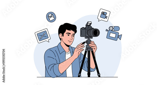 Filmmaker with Camera on Tripod, Video Production and Content Creation Concept